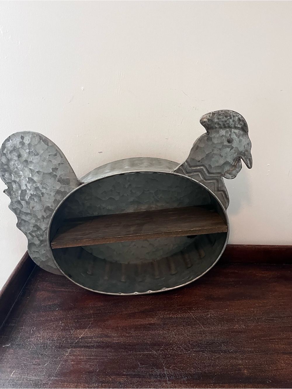 Galvanized Metal Chicken w Wooden Shelf Primitives by Kathy Lancaster PA Hangs